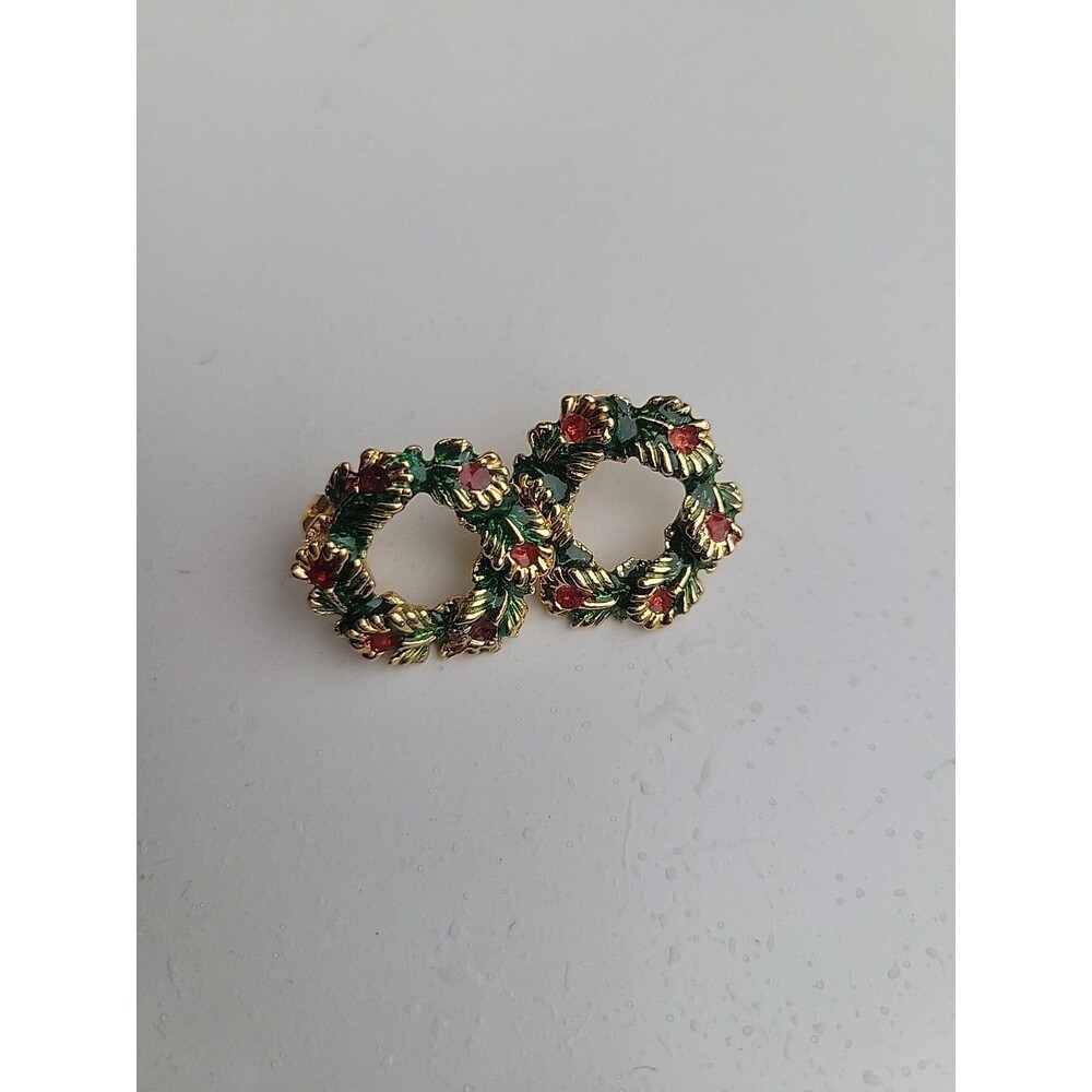 Vtg Christmas Wreath Pierced Earrings Red Green Holiday